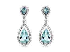 2.99CT DIAMOND & AAA AQUAMARINE 14KT WHITE GOLD PEAR SHAPE HALO HANGING EARRINGS