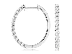 1.0CT DIAMOND 14KT WHITE GOLD DIAGONAL OVAL SHARED PRONG HOOP HANGING EARRINGS