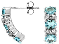 1.97CT DIAMOND & AAA AQUAMARINE 14KT WHITE GOLD 3D OVAL & ROUND 3 STONE EARRINGS