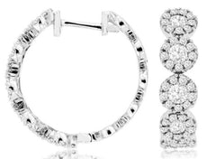 1.38CT DIAMOND 14KT WHITE GOLD ROUND MULTI FLOWER HOOP HUGGIE HANGING EARRINGS