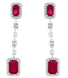2.32CT DIAMOND & AAA RUBY 14K WHITE GOLD ROUND & BAGUETTE DOUBLE SQUARE EARRINGS