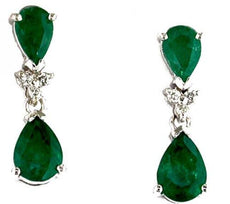 2.21CT DIAMOND & AAA EMERALD 14KT WHITE GOLD PEAR SHAPE & ROUND HANGING EARRINGS