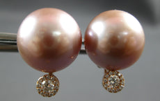 LARGE .18CT DIAMOND & AAA PINK SOUTH SEA PEARL 18KT ROSE GOLD SOLITAIRE EARRINGS