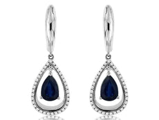 ESTATE 1.95CT DIAMOND & AAA SAPPHIRE 14K WHITE GOLD TEAR DROP LEVERBACK EARRINGS