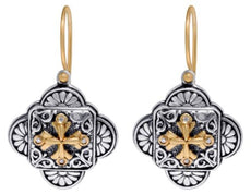 .04CT DIAMOND 18KT YELLOW GOLD & 925 SILVER HANDCRAFTED CROSS LEVERBACK EARRINGS