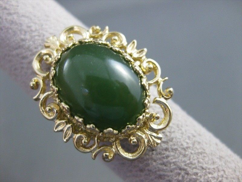 ANTIQUE LARGE NATURAL JADE 14KT YELOW GOLD FLOWER FILIGREE RING #2741