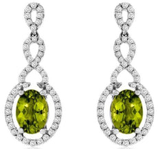 2.1CT DIAMOND & AAA PERIDOT 14KT WHITE GOLD OVAL & ROUND HALO HANGING EARRINGS