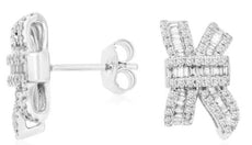.55CT DIAMOND 14KT WHITE GOLD 3D ROUND & BAGUETTE CRISS CROSS LOVE STUD EARRINGS