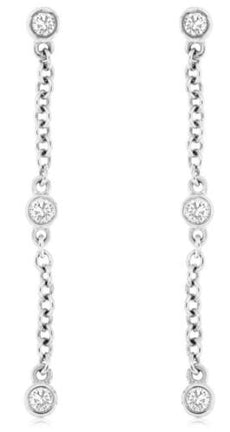 ESTATE .10CT DIAMOND 14KT WHITE GOLD ROUND 3 STONE BY THE YARD HANGING EARRINGS