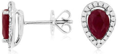 1.02CT DIAMOND & AAA RUBY 14KT WHITE GOLD PEAR SHAPE & ROUND HALO STUD EARRINGS