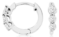 .50CT DIAMOND 14K WHITE GOLD 3D ROUND 3 STONE GRADUATING JOURNEY HUGGIE EARRINGS