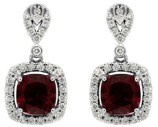 2.82CT DIAMOND & AAA RHODOLITE 14KT WHITE GOLD CUSHION & ROUND HANGING EARRINGS