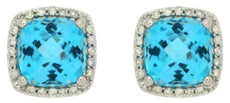 4.46CT DIAMOND & AAA BLUE TOPAZ 14KT WHITE GOLD 3D CUSHION & ROUND HALO EARRINGS