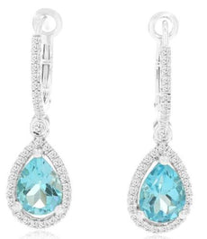 2.82CT DIAMOND & AAA BLUE TOPAZ 14KT WHITE GOLD PEAR SHAPE & ROUND HALO EARRINGS