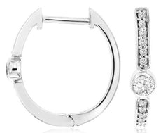 .25CT DIAMOND 14KT WHITE GOLD ROUND BEZEL SOLITAIRE HUGGIE HOOP HANGING EARRINGS