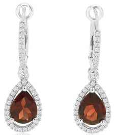 2.92CT DIAMOND & AAA GARNET 14KT WHITE GOLD 3D PEAR SHAPE & ROUND HALO EARRINGS