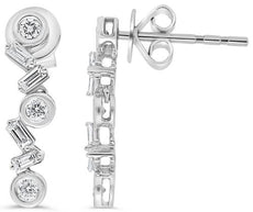 ESTATE .26CT DIAMOND 14K WHITE GOLD 3D ROUND & BAGUETTE ZIG ZAG HANGING EARRINGS