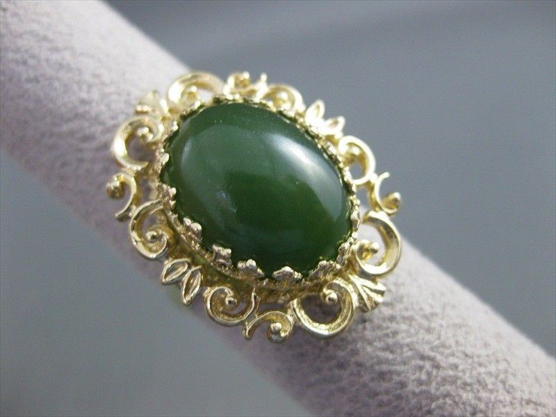 ANTIQUE LARGE NATURAL JADE 14KT YELOW GOLD FLOWER FILIGREE RING #2741
