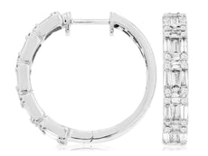 .80CT DIAMOND 14KT WHITE GOLD 3D ROUND & BAGUETTE HUGGIE HOOP HANGING EARRINGS