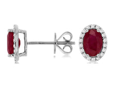 ESTATE 1.99CT DIAMOND & AAA RUBY 14KT WHITE GOLD OVAL & ROUND HALO STUD EARRINGS