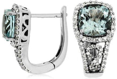 3.25CT DIAMOND & AAA AQUAMARINE 14KT WHITE GOLD 3D CUSHION & ROUND HALO EARRINGS