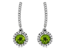 1.09CT DIAMOND & AAA PERIDOT 14K WHITE GOLD CLASSIC HALO ROUND HANGING EARRINGS