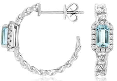.74CT DIAMOND & AAA AQUAMARINE 14KT WHITE GOLD EMERALD CUT & ROUND HOOP EARRINGS