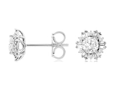 .75CT DIAMOND 14KT WHITE GOLD 3D CLASSIC ROUND & BAGUETTE FLOWER STUD EARRINGS