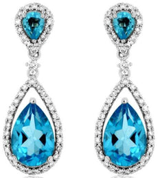 3.99CT DIAMOND & AAA BLUE TOPAZ 14KT WHITE GOLD PEAR SHAPE & ROUND DROP EARRINGS