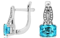 2.08CT DIAMOND & AAA BLUE TOPAZ 14KT WHITE GOLD 3D EMERALD CUT & ROUND EARRINGS