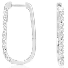 .25CT DIAMOND 14KT WHITE GOLD 3D ROUND CLASSIC BEZEL OVAL HOOP HANGING EARRINGS