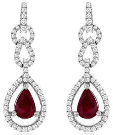 1.30CT DIAMOND & AAA RUBY 14KT WHITE GOLD 3D PEAR SHAPE & ROUND HANGING EARRINGS