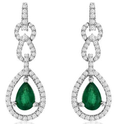 1.16CT DIAMOND & AAA EMERALD 14KT WHITE GOLD PEAR SHAPE & ROUND HANGING EARRINGS
