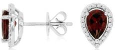 1.12CT DIAMOND & AAA GARNET 14K WHITE GOLD PEAR SHAPE & ROUND HALO STUD EARRINGS
