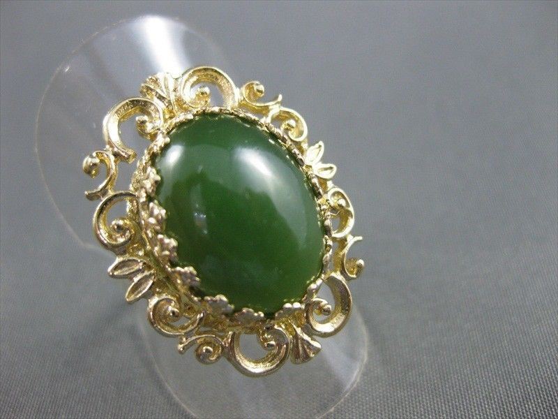 ANTIQUE LARGE NATURAL JADE 14KT YELOW GOLD FLOWER FILIGREE RING #2741