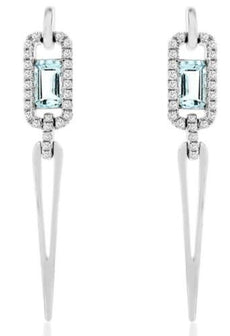 .69CT DIAMOND & AAA AQUAMARINE 14KT WHITE GOLD ROUND & BAGUETTE HANGING EARRINGS