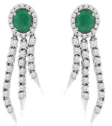 1.96CT DIAMOND & AAA EMERALD 14KT WHITE GOLD OVAL & ROUND FUN HANGING EARRINGS