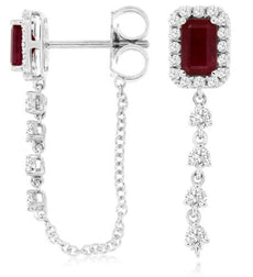 1.10CT DIAMOND & AAA RUBY 14K WHITE GOLD 3D EMERALD CUT & ROUND HANGING EARRINGS