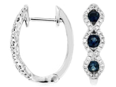 .97CT DIAMOND & AAA SAPPHIRE 14KT WHITE GOLD 3 STONE HALO HOOP HANGING EARRINGS