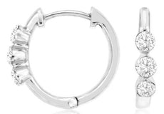 .25CT DIAMOND 14KT WHITE GOLD 3D ROUND 3 STONE PAST PRESENT FUTURE HOOP EARRINGS