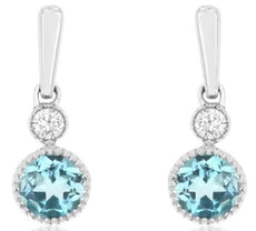 .25CT DIAMOND & AAA BLUE TOPAZ 14KT WHITE GOLD 3D ROUND 2 STONE HANGING EARRINGS