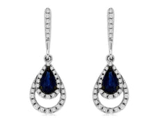 .75CT DIAMOND & AAA SAPPHIRE 14KT WHITE GOLD PEAR SHAPE & ROUND HANGING EARRINGS