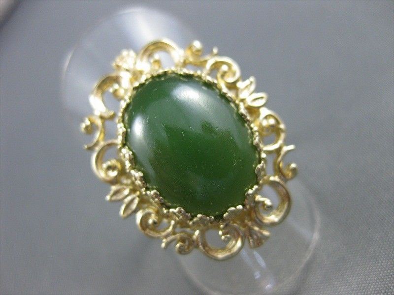 ANTIQUE LARGE NATURAL JADE 14KT YELOW GOLD FLOWER FILIGREE RING #2741