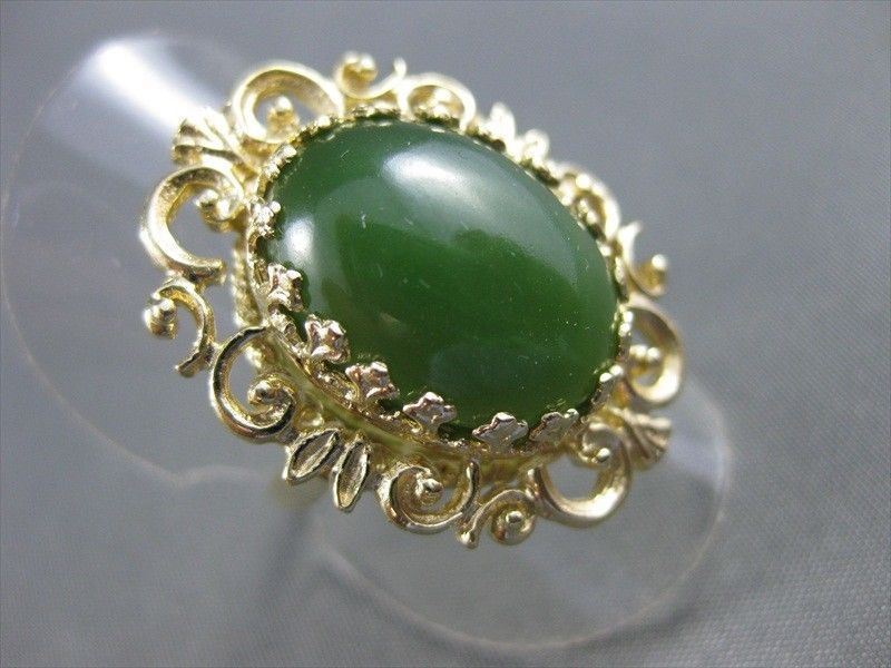 ANTIQUE LARGE NATURAL JADE 14KT YELOW GOLD FLOWER FILIGREE RING #2741