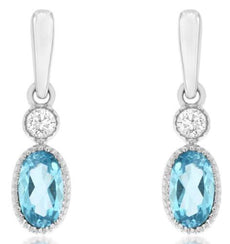 .33CT DIAMOND & AAA BLUE TOPAZ 14KT WHITE GOLD 3D OVAL & ROUND FILIGREE EARRINGS