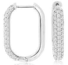 ESTATE 1.0CT DIAMOND 14KT WHITE GOLD ROUND 3 ROW PAVE OVAL HOOP HANGING EARRINGS