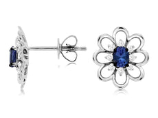 .47CT DIAMOND & AAA TANZANITE 14KT WHITE GOLD OVAL & ROUND FLOWER STUD EARRINGS