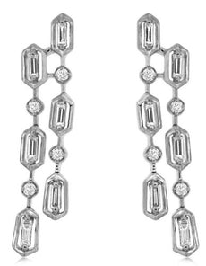 .37CT DIAMOND 14KT WHITE GOLD 3D ROUND & BAGUETTE HEXAGON 2 ROW HANGING EARRINGS