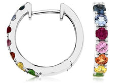 1.1CT AAA MULTICOLOR SAPPHIRE 14KT WHITE GOLD 3D RAINBOW HUGGIE HANGING EARRINGS