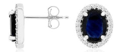 3.18CT DIAMOND & AAA SAPPHIRE 14KT WHITE GOLD 3D OVAL & ROUND HALO STUD EARRINGS